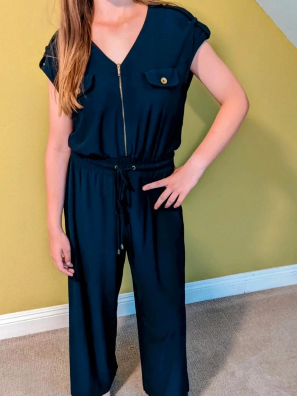 Women’s Navy Drawstring Jumpsuit with Zip Front
